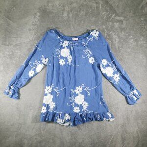 Ana & Rose Womens Pullover Top Medium Stretch Neckline Blue‎ White Embroidered